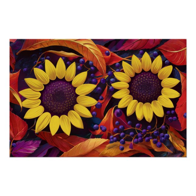 Póster Par de girasol morado, hojas de otoño alegres (Anverso)