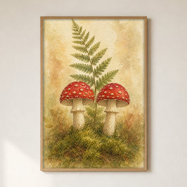 Póster Par de hongos en cartel de acuarela de musgo
