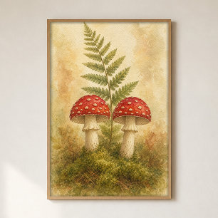Póster Par de hongos en cartel de acuarela de musgo