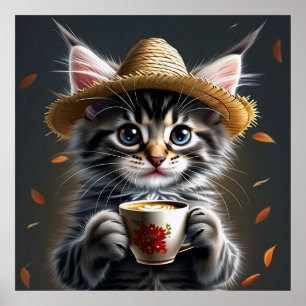 Póster Para Amantes Del Gato Y Adictos Al Café.