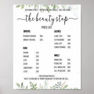 Póster Para cartel de lista de precios de salón de uñas
