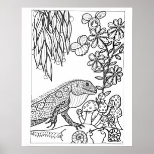 Póster para colorear de 16"x 20" Lagarto con flore
