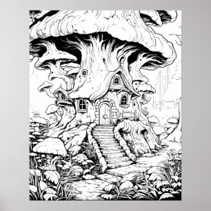 Póster para colorear de la casa de hadas con hongo