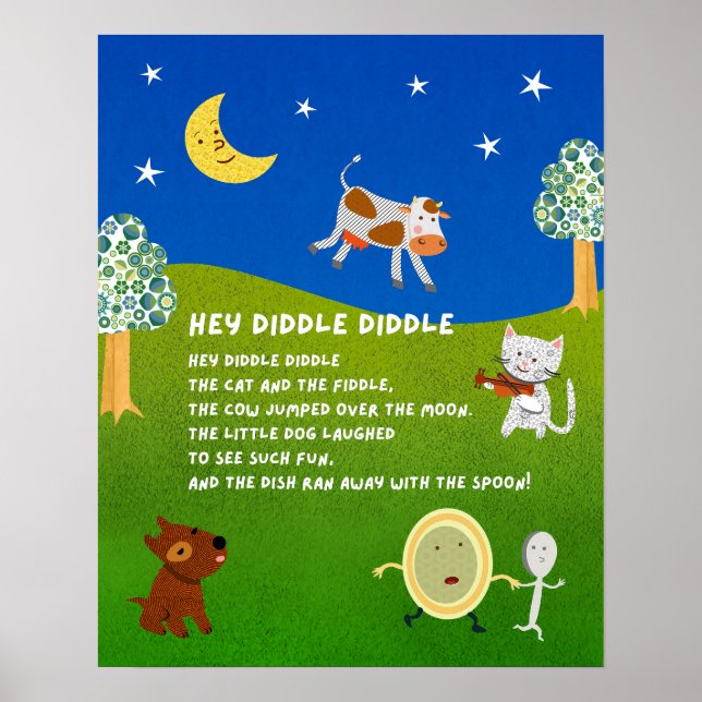 Póster para el aula de la rima infantil Hey Diddle (Frente)