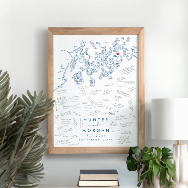 Póster para libro de invitados moderno de boda en  (Bar Harbor Maine Map Wedding Alternative Guest Book Poster in Modern Navy Blue )