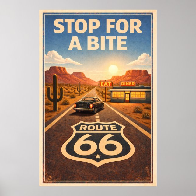 Póster Parada en la Ruta 66 para comer un bocado Litho (Frente)