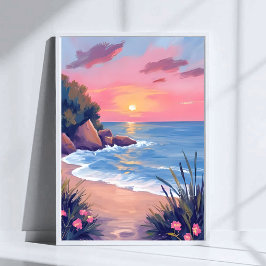 Póster Paradise Cove | Pink Watercolor Ocean Waves Sunset