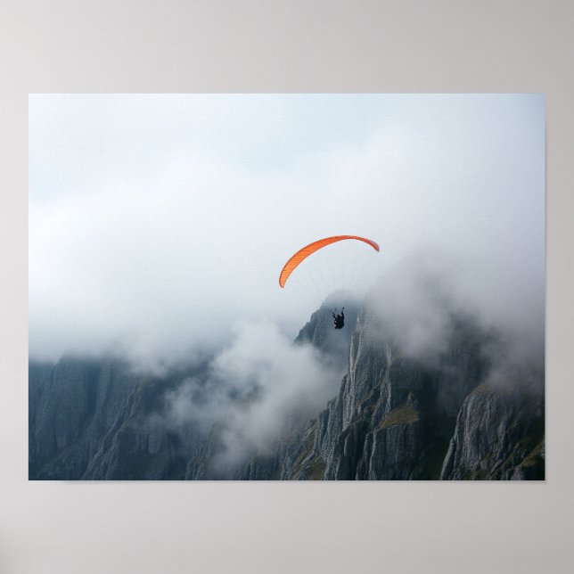 Póster Paraglider Soaring Over Foggy Mountain Cliff (Frente)