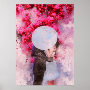 Póster paraguas de besar paraguas florido pintura de acua
