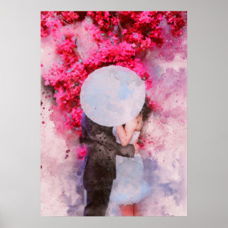 Póster paraguas de besar paraguas florido pintura de acua