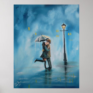 Póster Paraguas de farol de farola de la pareja de besos 