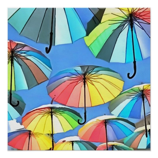 Póster Paraguas flotantes y multicolores caprichosos (Anverso)
