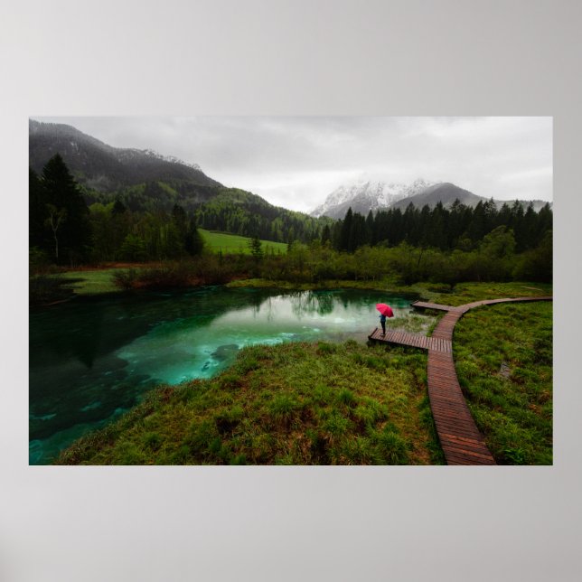 Póster Paraguas rojo lago verde (Frente)