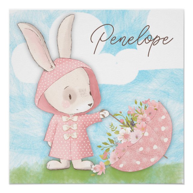 Póster Paraguas y flores de conejo conejo conejo conejo (Anverso)