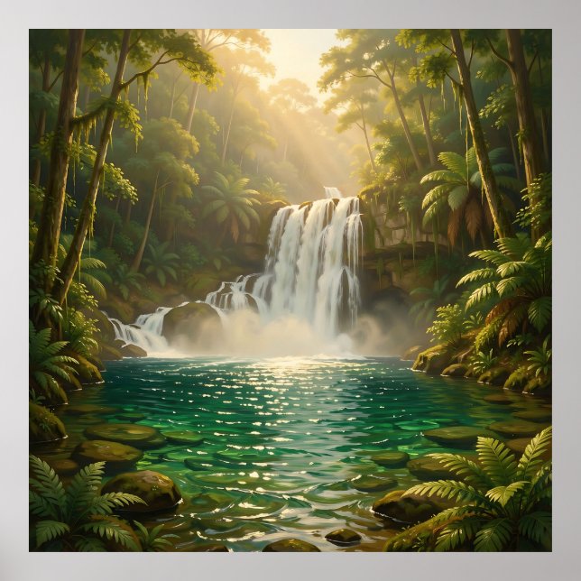 Póster Paraiso de la selva con cascada tropical exuberant (Frente)