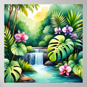 Póster Paraíso de orquídeas de cascada de jungla tropical