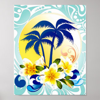 Póster Paraíso de Palma Tropical con Flor de Plumeria