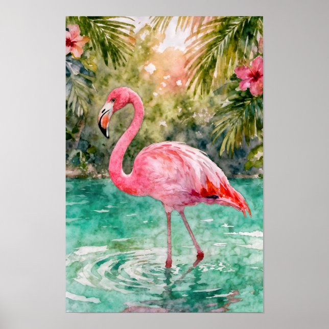 Póster Paraiso floral de flamenco rosa acuarela tropical (Frente)