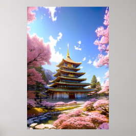 Póster Paraíso floral, templo japonés