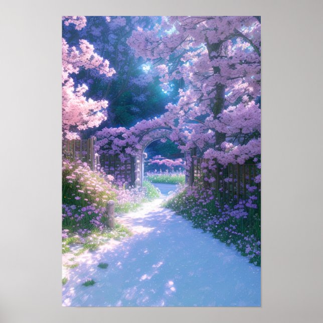 Póster Paraíso rosa, Jardín de flores de cerezo (Frente)