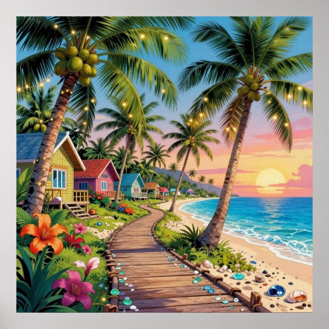 Póster Paraíso Tropical Cabaña Costera junto al Mar Océan (Frente)