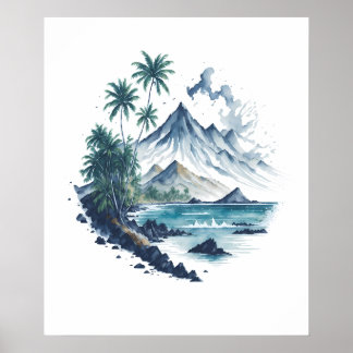 Póster Paraíso tropical pintura acuarela