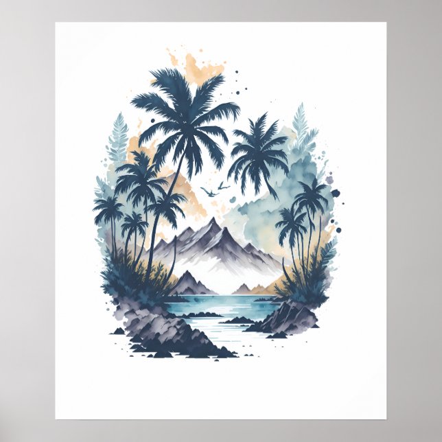 Póster Paraíso tropical pintura acuarela (Frente)