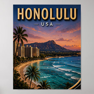 Póster Paraíso Tropical Playa Waikiki Honolulu