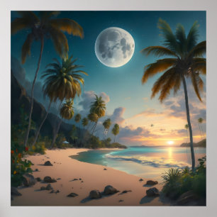 Póster paraíso tropical por la noche, con palmeras