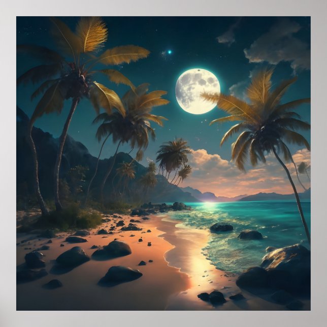 Póster paraíso tropical por la noche, con palmeras (Frente)
