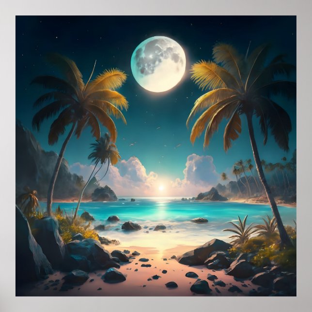 Póster paraíso tropical por la noche, con palmeras Poster (Frente)