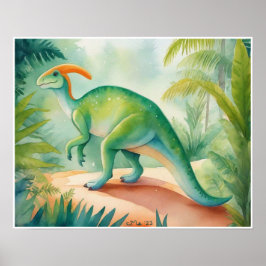 Póster Parasauralophus Watercolor Dinosaur Nursey Art