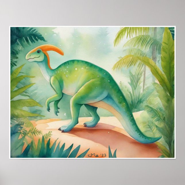 Póster Parasauralophus Watercolor Dinosaur Nursey Art (Frente)