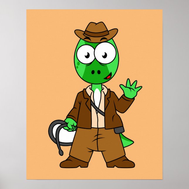 Póster Parasaurolophus Vestido Como Indiana Jones. (Frente)