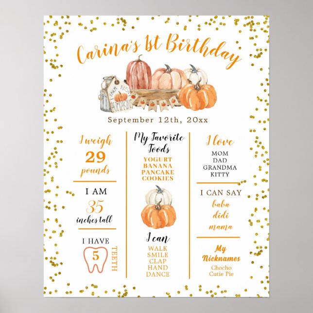 Póster Parche de calabaza naranja Primer Rótulo de cumple (Frente)