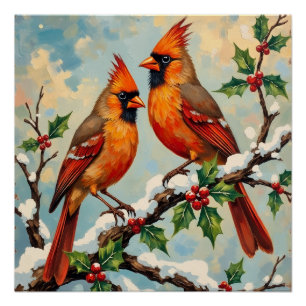 Póster Pare de cardenales vintage en rama de acebo nevada