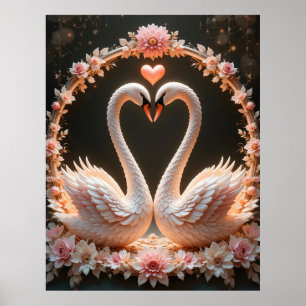 Póster Pare romántico de elegantes cisnes entre flores ro