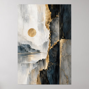 Póster Pared abstracta del paisaje del sol dorado y el ac