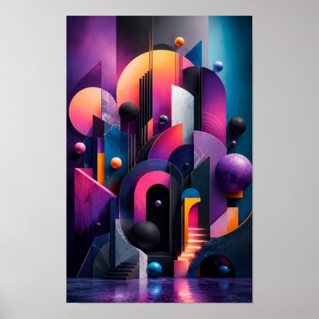 Póster Pared Abstracta Geométrica 3D de Neón (Frente)
