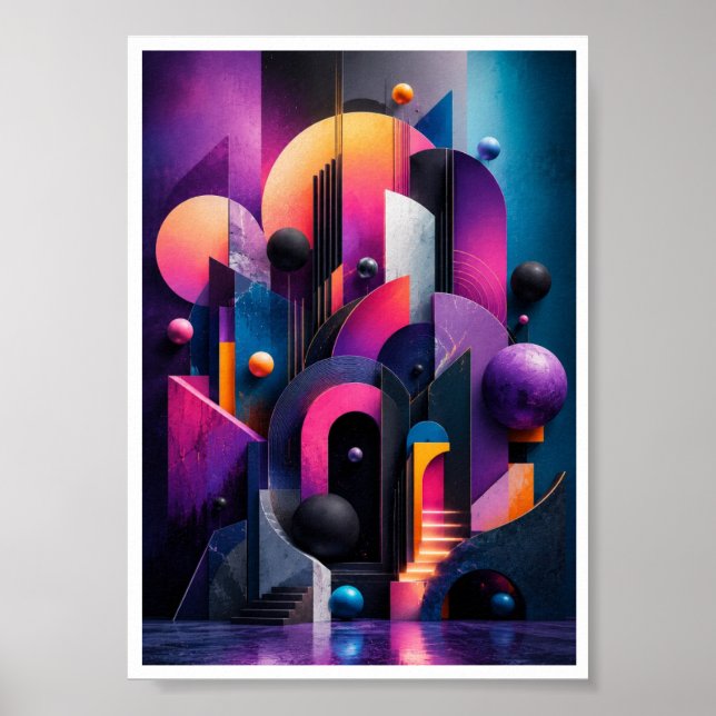 Póster Pared Abstracta Geométrica 3D de Neón (Frente)