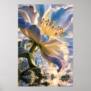 Póster Pared de fantasia de paisaje con flor gigante azul