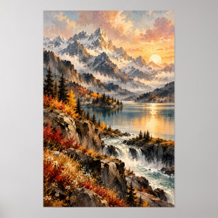 Póster Pared de paisaje de lago y cascada de Montaña Suns
