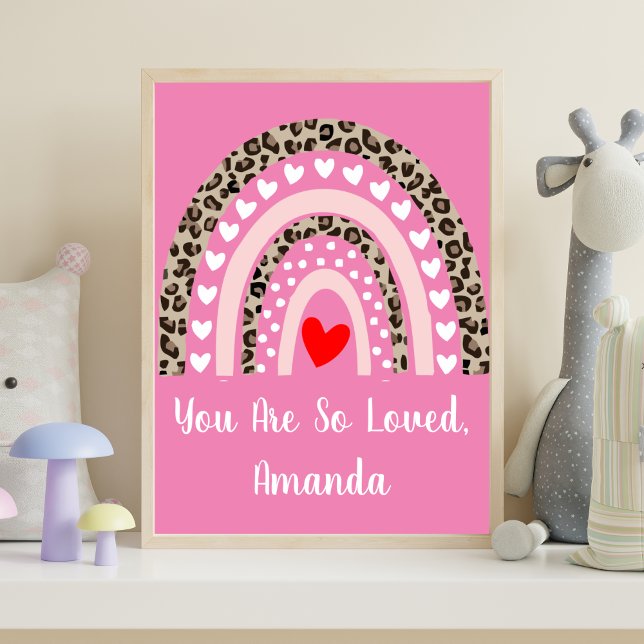 Póster Pared de vivero con estampado de leopardo arcoíris (Boho Rainbow Personalized Nursery Wall Art. You Are So Loved)