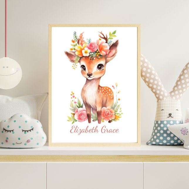 Póster Pared personalizada de guardería para bebés venado (Baby Deer Pink Florals Watercolor Personalized Nursery Wall Art Poster Print)