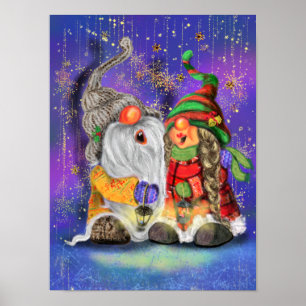 Póster Pareja Abraza Gnomos Cantando Feliz Canción de Nav