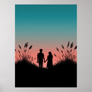 Póster Pareja Agarrados de la Mano Campo de Hierba Puesta