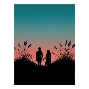 Póster Pareja Agarrados de la Mano Campo de Hierba Puesta