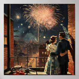 Póster Pareja Americana observando fuegos artificiales en