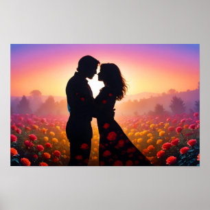Póster Pareja Amor Romántico Sunset Silhouette Boda