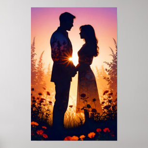 Póster Pareja Amor Romántico Sunset Silhouette Boda